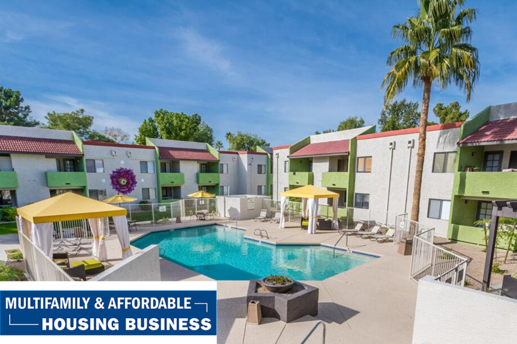 Rise48 Equity Acquires Spring Apartments in Phoenix Arizona Cover Photo. Apartment building and pool.