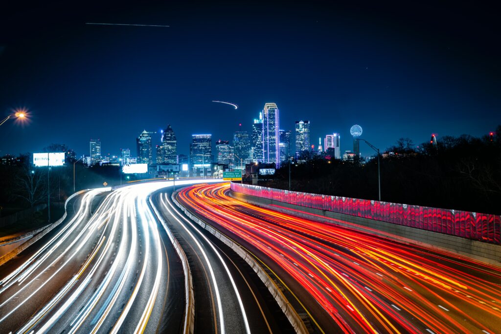 busy Dallas freeway at night