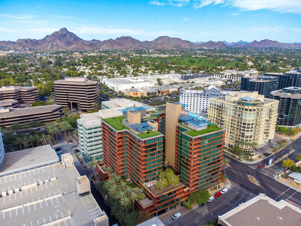 Downtown Phoenix buildings and mountains