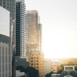 A city skyline with many tall buildings