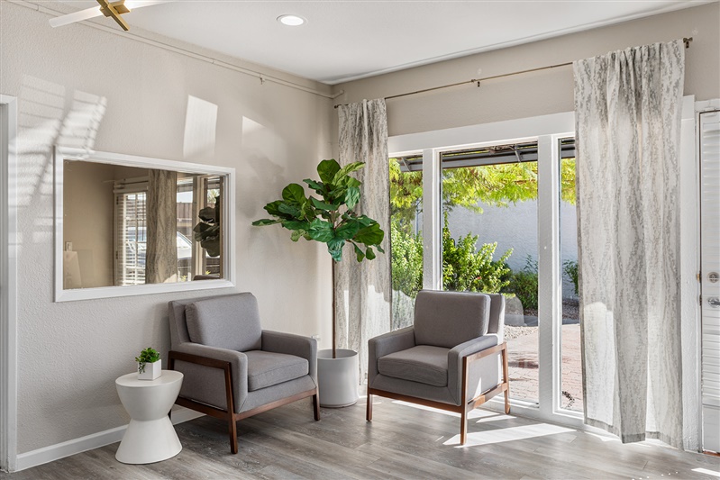 An apartment leasing office room with two chairs and a plant